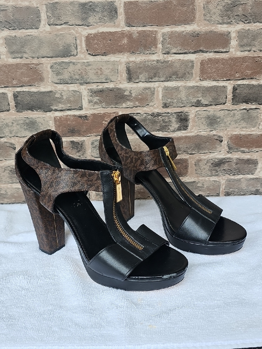 Michael Kors Black and Brown Zip-Front Block Heel Sandals